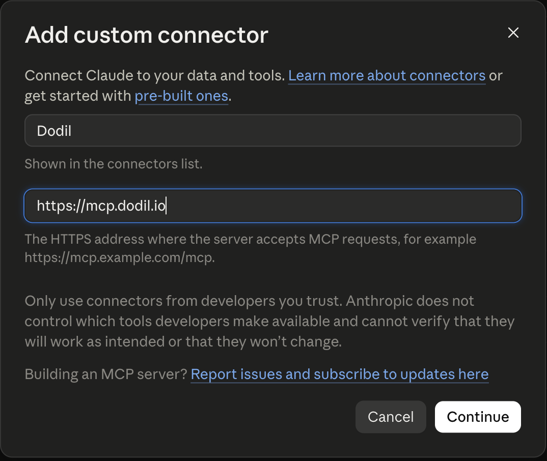 Claude's "Add custom connector" dialog, with Name set to Dodil and the Remote MCP server URL set to https://mcp.dodil.io
