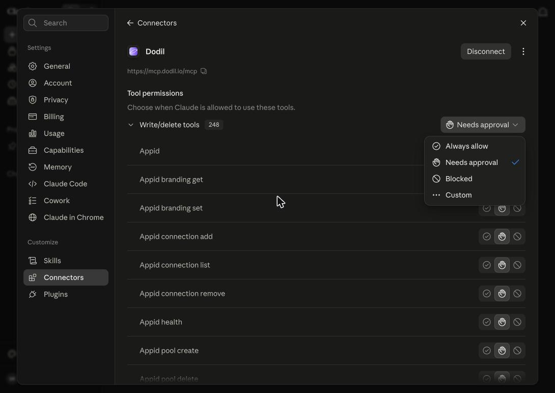 The Dodil connector's Tool permissions screen in Claude. The Write/delete tools row shows a dropdown, currently set to "Needs approval", opened to reveal four choices: Always allow, Needs approval, Blocked, and Custom.
